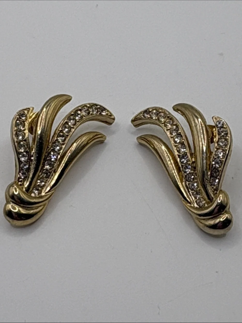 Vintage Gold Flame Style Post Back Earrings with Clear Crystals 1 1/4”